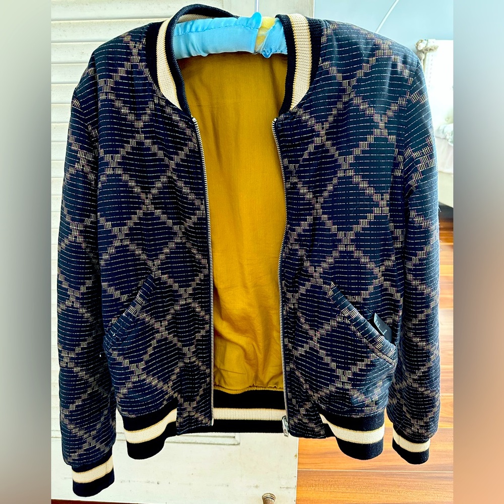 Isabel Marant Navy Blue Patterned Bomber Jacket with Mustard Lining